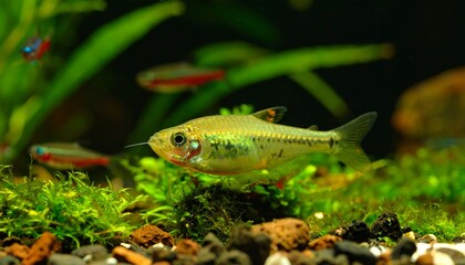 Close-up of a small fish in a planted aquarium