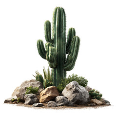 A tall saguaro cactus surrounded by rocks isolated on transparent background.