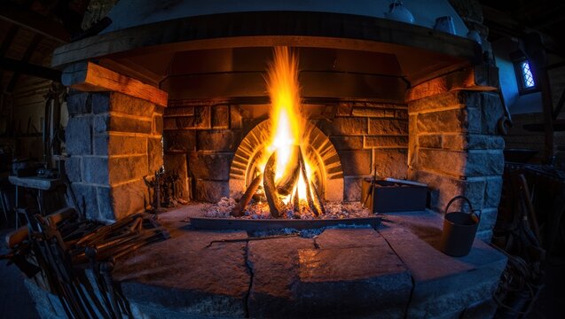 Cozy and warm fireplace with glowing embers and tools in a rustic workshop - Powered by Adobe