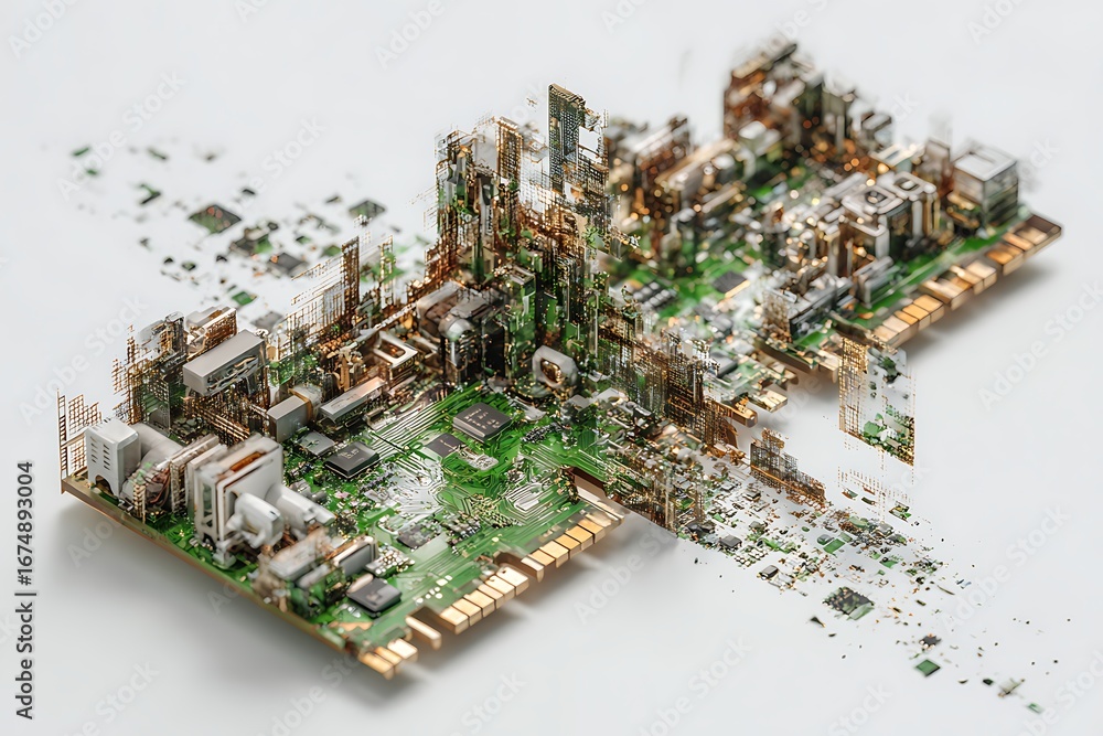 Aufkleber circuit board components fracturing and dissolving on white surface technology concept