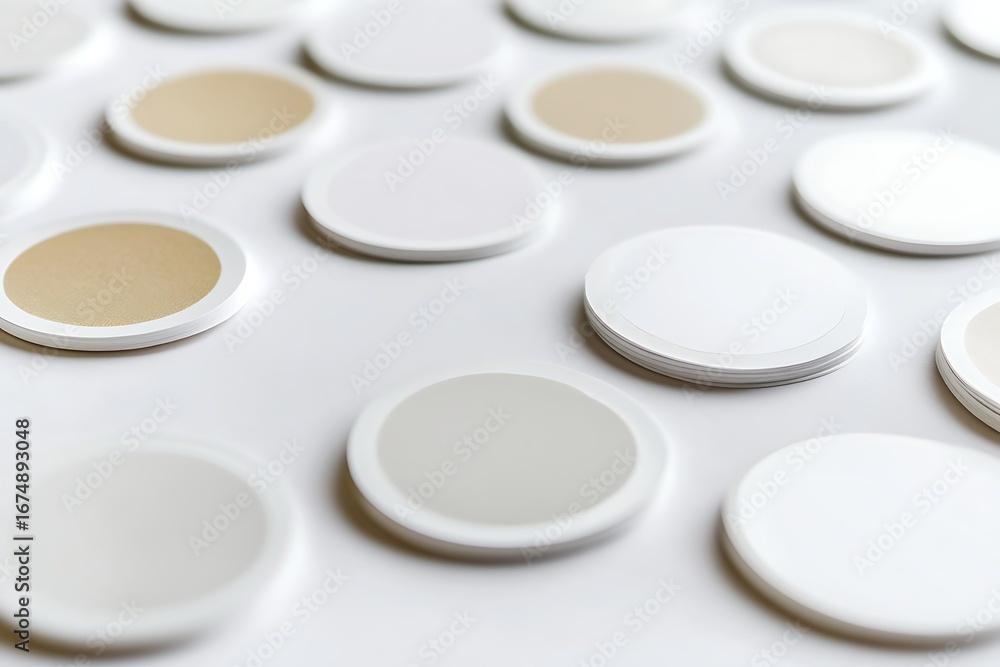 Poster circular disks arrayed on white surface with neutral tones and clean aesthetic