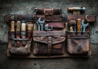 Leather apron-style tool belt, full of various tools