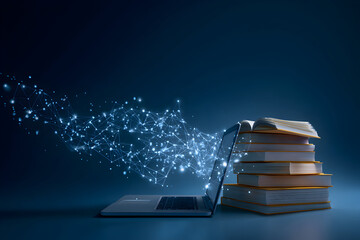 Laptop emitting digital particles towards stack of books in dark blue room symbolizing online education and knowledge transfer.