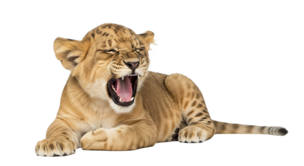 Adorable Lion Cub Yawning Showing its Sharp Teeth, Displaying Cute Fatigue, on a White Backdrop, Close-up Shot, Perfect for Children's Story