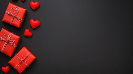Red gifts and hearts on dark background
