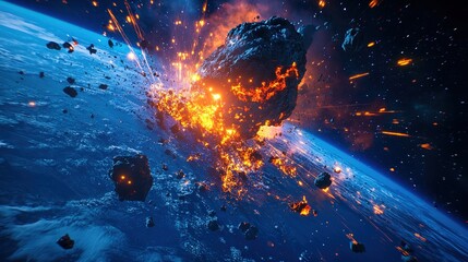 Obraz premium Planet Explosion with Asteroids Surrounding in Space Cosmic Disaster Visual Effects Material