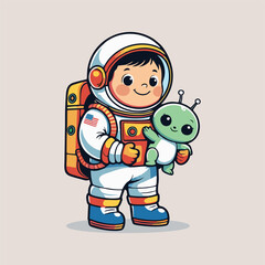 A cheerful astronaut with a big smile, gently cradling a tiny, adorable baby alien with big eyes and colorful spots, surrounded by twinkling stars and playful space critters.
