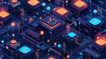 Futuristic digital city, isometric view of interconnected nodes and glowing circuits.