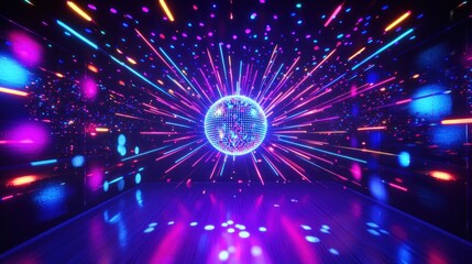Neon disco ball in vibrant, colorful light tunnel.