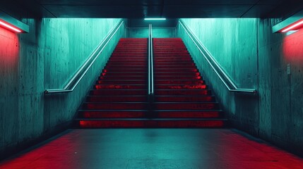 Red Neon Lit Stairs in Teal Urban Underpass