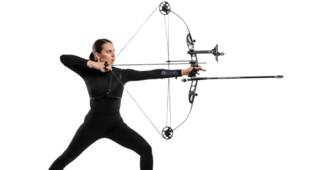 Focused archer in black attire draws back her bow ready to aim in a bright white studio setting showing dedicated athletic concentration and