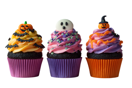 Three halloween cupcakes isolated on transparent background.