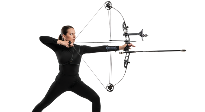 Focused archer in black attire draws back her bow ready to aim in a bright white studio setting showing dedicated athletic concentration and