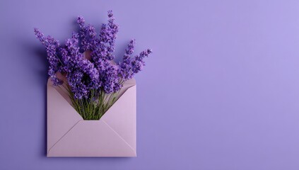 Lavender blooms in pink envelope on purple background; greeting card design