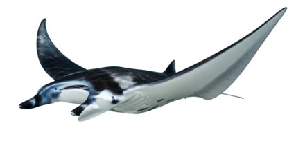 Graceful oceanic glider: A captivating manta ray in radiant monochrome against a pristine white expanse showcasing its unique morphology, 150