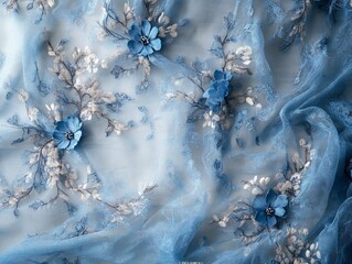 Delicate blue floral lace fabric with elegant embroidery for couture designs