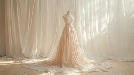 Elegant light peach wedding dress on a mannequin, draped in sheer fabric, against a soft backdrop of sheer curtains, bathed in natural light