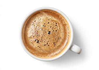 Overhead view of a full, white coffee cup.  Rich, light brown coffee with a light tan crema