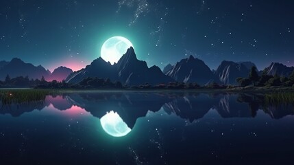 Mountain lake under a full moon