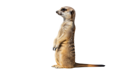Alert meerkat stands tall surveying its surroundings with a keen gaze, ready for anything, showcasing its upright posture in a simple clean isolated
