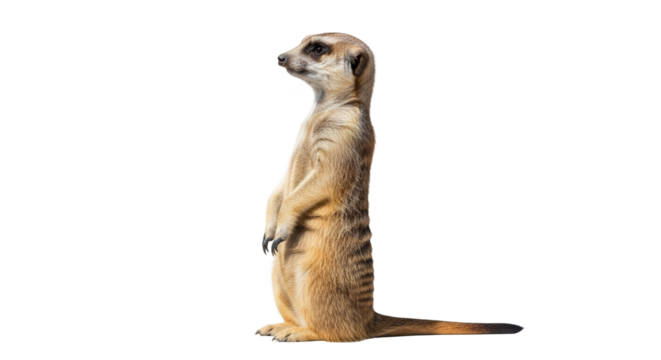 Alert meerkat stands tall surveying its surroundings with a keen gaze, ready for anything, showcasing its upright posture in a simple clean isolated