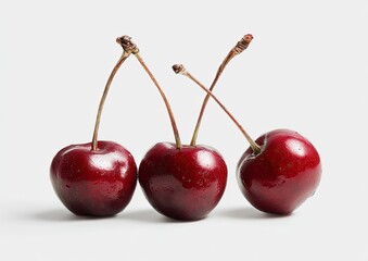 Three fresh, glossy cherries arranged in a row against a plain white background