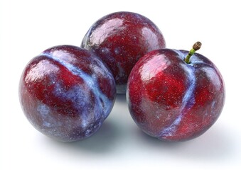 Three plump, glossy plums, deep red-purple hues, light blue streaks, atop a white background