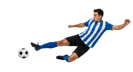 Dynamic Soccer Player in Action Striking the Ball with Focused Intensity and Determination, on a White Backdrop Emphasizing Skill