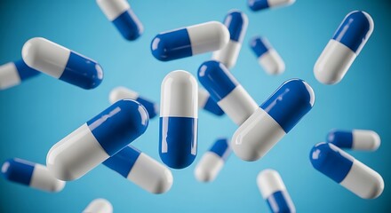Blue and White Capsule Pills Falling on Light Blue Background Pharmaceutical Products and Medication Concepts Healthcare Industry with Medicine Capsules