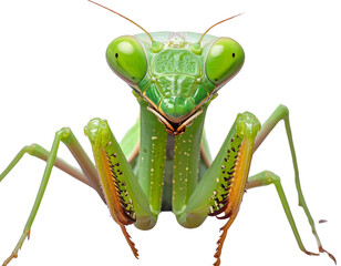 Close-Up of Green Praying Mantis Facing Forward, Isolated on Transparent Background