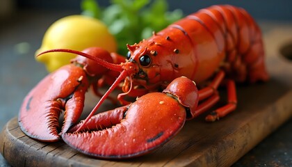Rustic Wooden Board Presentation Of Grilled Lobster Lemon Garnish And Green Asparagus