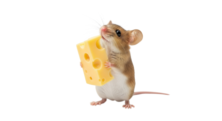 Adorable mouse holding a big piece of swiss cheese, isolated against a pristine white backdrop, capturing a playful moment of pure joy and excitement