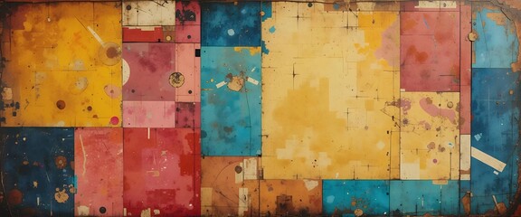 A colorful abstract painting with a yellow background