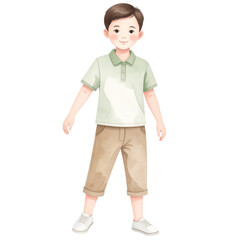 Watercolor Illustration of a Smiling Boy in Sage Green Polo Shirt and Beige Cropped Pants.