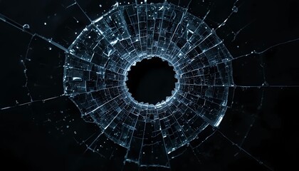 A shattered window with a hole in the center