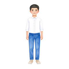 Fototapeta premium Watercolor Illustration of a Smiling Boy in White Shirt and Blue Jeans.