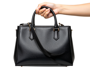 Side View of Woman Hand Holding Black Designer Shoulder Bag, Isolated PNG