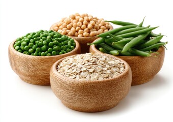 Four small wooden bowls holding various healthy foods against a white background.  Small bowls of green peas, chickpeas, green beans, and rolled oats