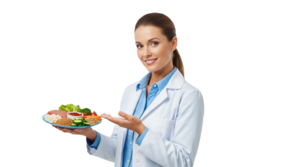 A healthcare professional presents a balanced plate of nourishing food options for nutrition and health planning purposes to promote wellness
