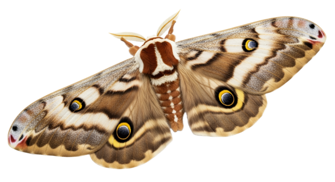 Detailed view of a magnificent moth with intricate wing patterns, showcasing nature's beauty and design in exceptional clarity.  The exquisite