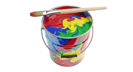 Vibrant Hues: A Paintbrush Resting on a Swirling Canvas of Color in a Metallic Pail creates visual interest and is aesthetically engaging