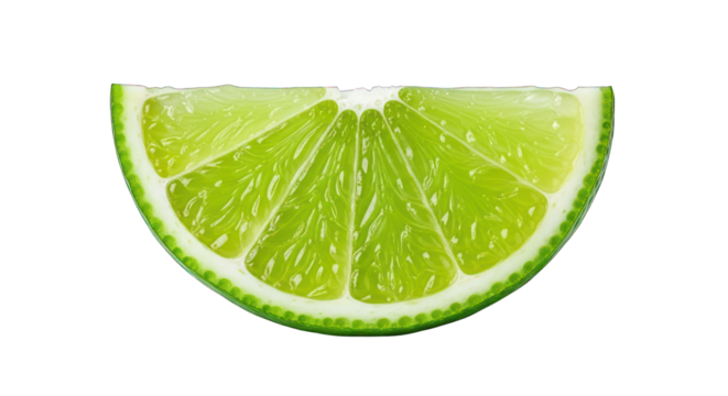 Bright green lime wedge, translucent and juicy, against a black background