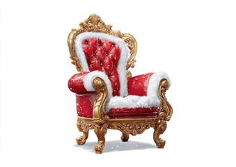 Ornate, red armchair with gold details, snow-dusted, and white fur trim