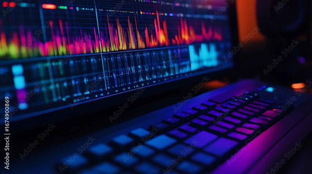 Aufkleber closeup of monitor displaying colorful audio waves and keyboard in dark lighting
