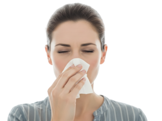 Woman holding tissue to her nose, eyes closed, looking unwell