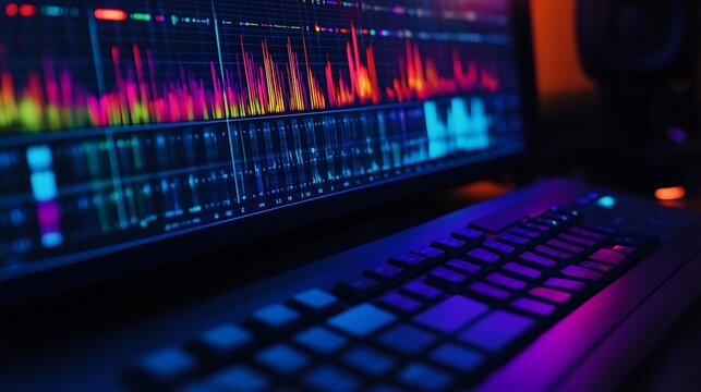 CloseUp of Monitor Displaying Colorful Audio Waves and Keyboard in Dark Lighting