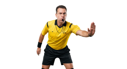 Enforcing the rules on the field: A stern referee signaling a penalty decision and maintaining order during the game with decisive action