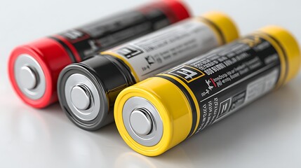 CloseUp of Red Black and Yellow Cylindrical Batteries on a White Reflective Surface