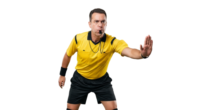 Enforcing the rules on the field: A stern referee signaling a penalty decision and maintaining order during the game with decisive action