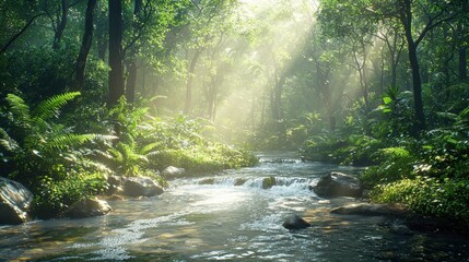 Fototapeta premium Sunlit Stream in Lush Green Forest